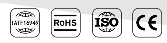 IATF 16949, RoHS, ISO and CE compliance marks