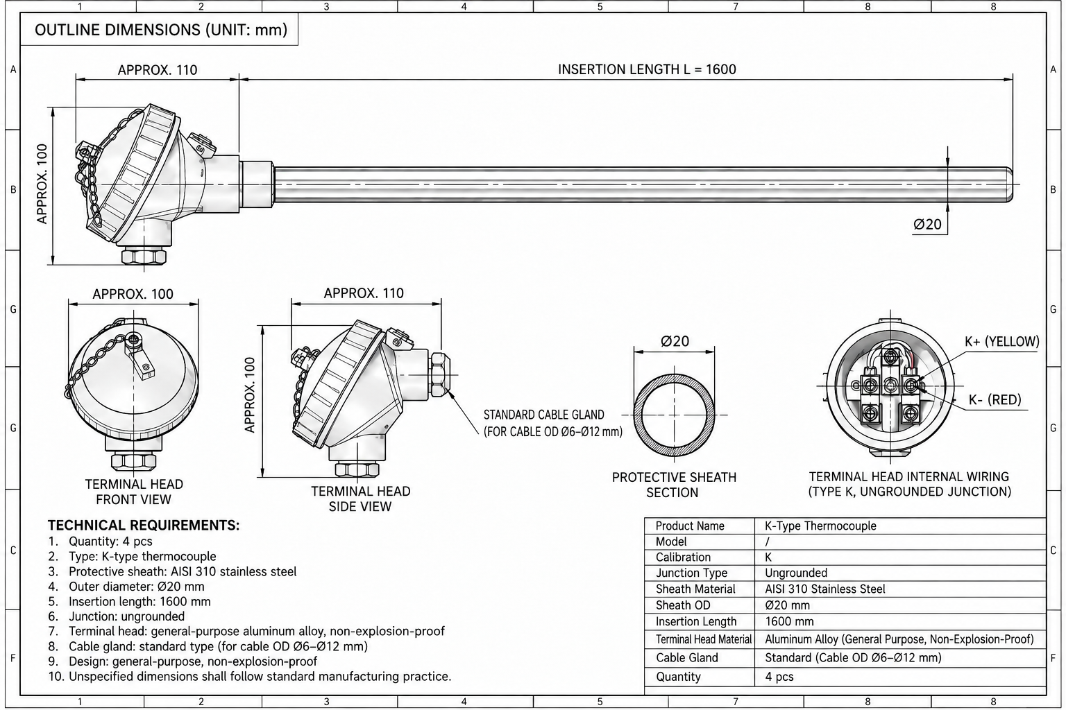 English engineering drawing for a custom K-type thermocouple with AISI 310 sheath
