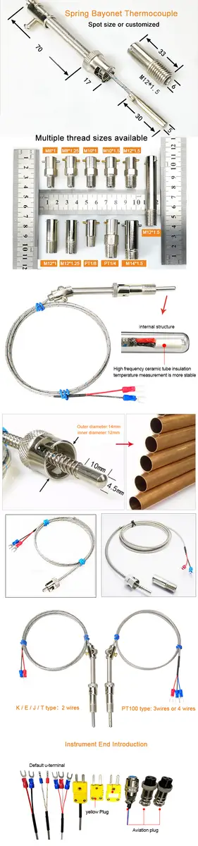 J Type Temperature Sensor Bayonet Thermocouple — K J E PT100 type compression spring bayonet rtd thermocouple temperature sensors 3